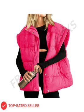 Womens Oversized Quilted Puffer Vest Full Zip Sleeveless Warm Coat Outwear